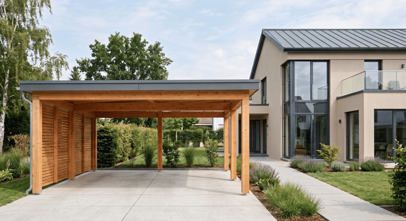 Bild von einem modernen Carport bei einem Schweizer Einfamilienhaus