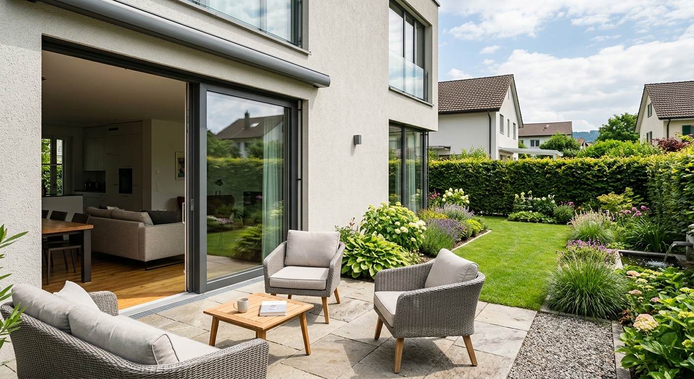 Bild von einem professionell angelegten Garten mit Sitzplatz