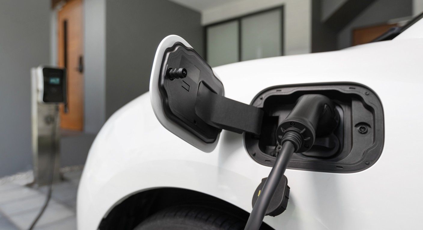 Ein E-Auto angeschlossen an eine moderne Ladestation.