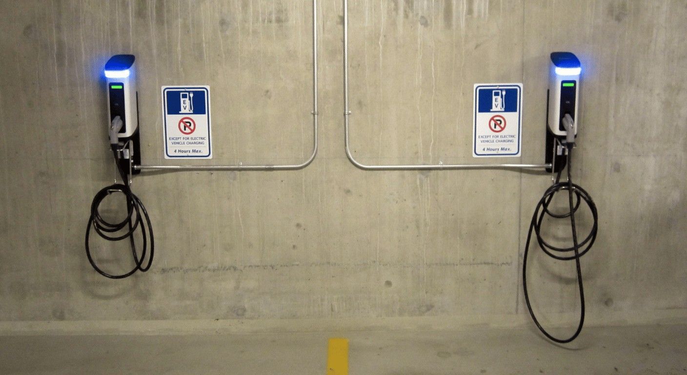 Wandmontierte Ladestation für ein Elektroauto an einer Garagenwand