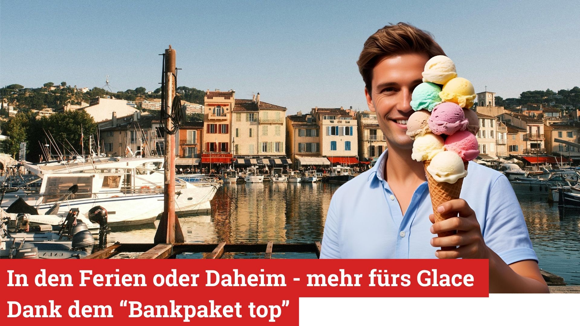 Ein Mann mit einem grossen Glace, mit einem idyllischen Hafen im Hintergrund