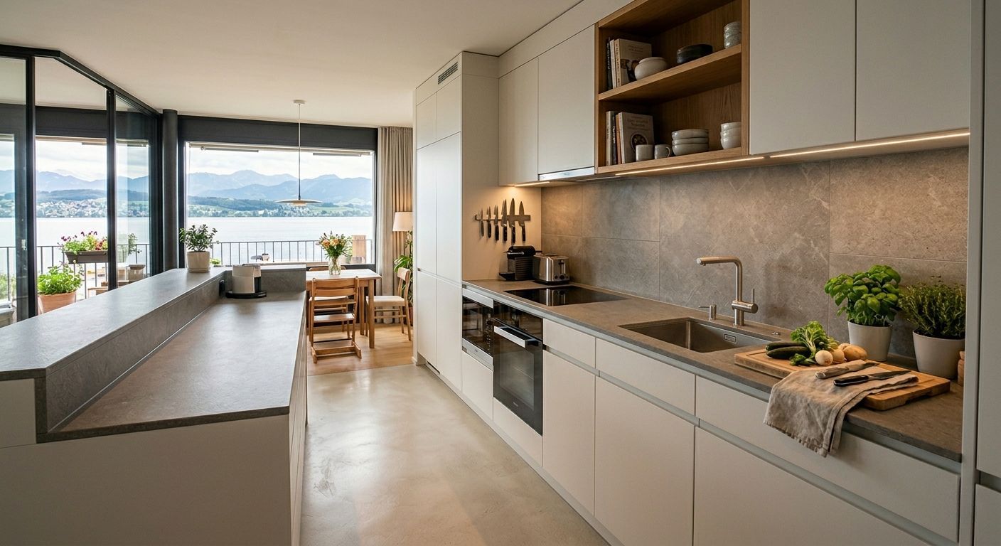 Moderne offene Küche in einem Schweizer Einfamilienhaus