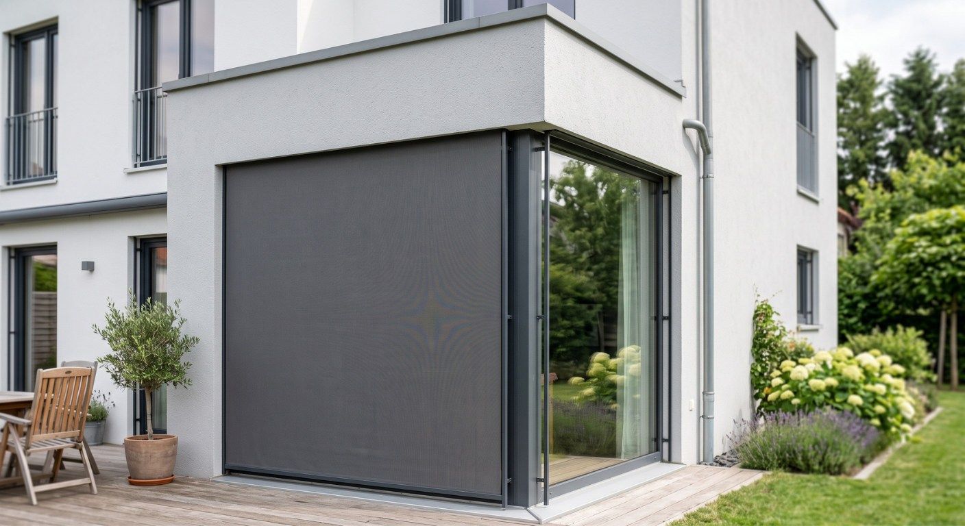 Wohnzimmer mit senkrechter Storen als Sonnenschutz