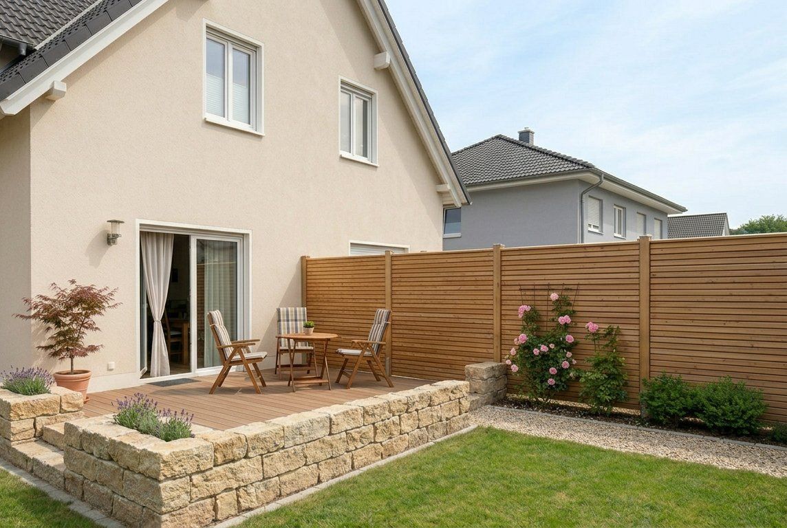 Sichtschutzwand aus Holz und Natursteinmauer