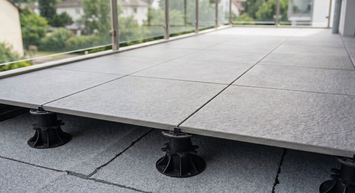 Bild von Balkon mit verlegten Feinsteinplatten auf Stelzenlagern