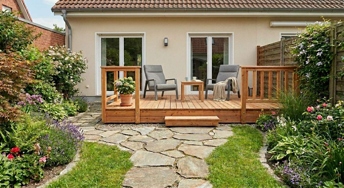 Holzterrasse und Natursteinweg