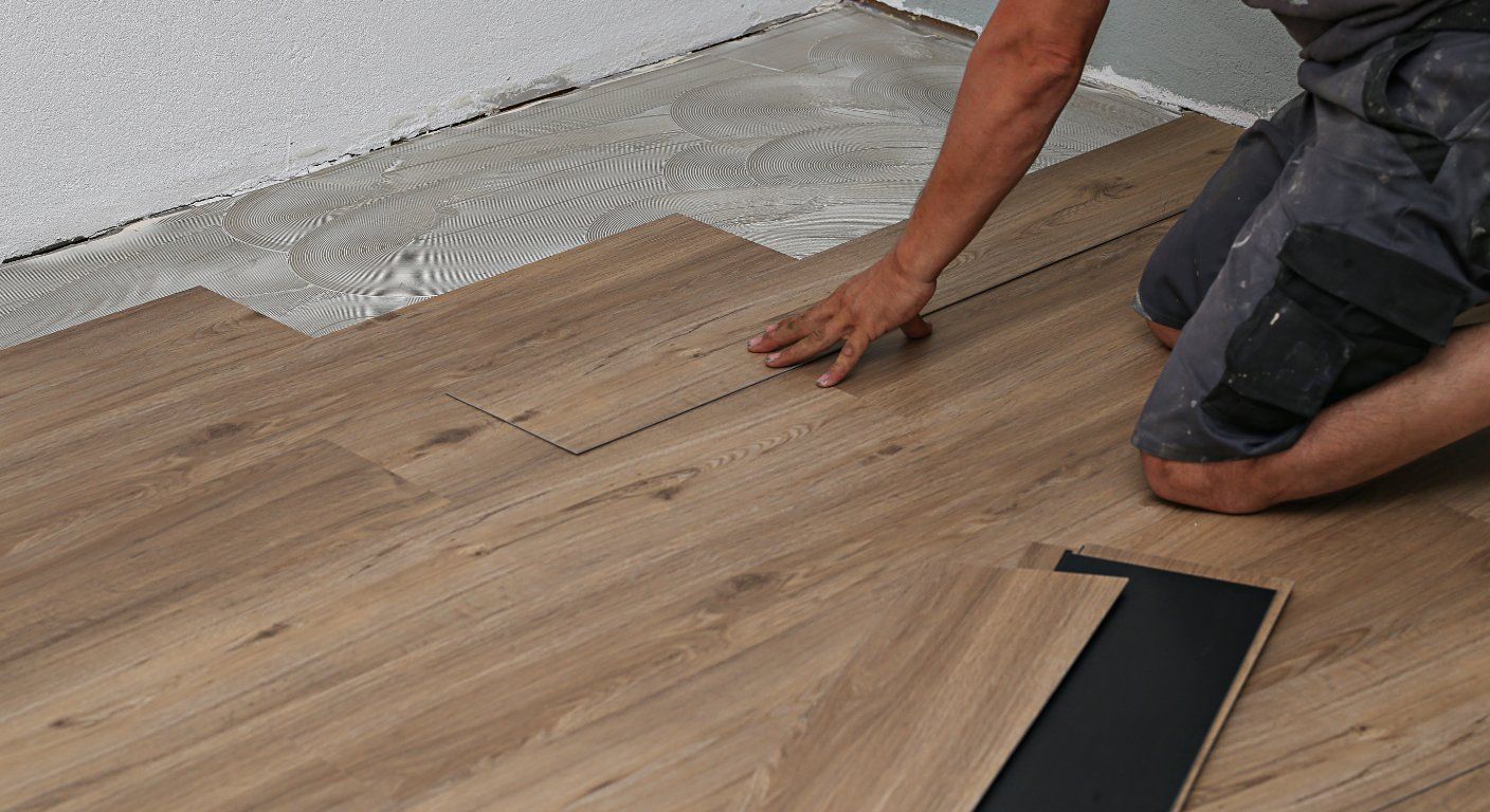 Ein Bodenleger verlget einen Vinylboden in Holzoptik