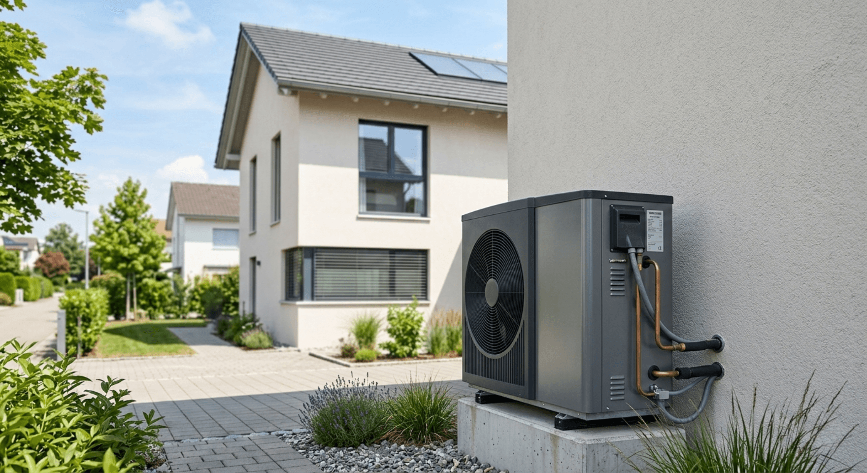 Moderne Luft-Wasser-Wärmepumpe vor einem Einfamilienhaus