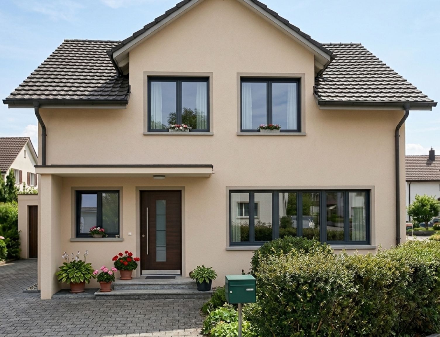 Bild von einem Einfamilienhaus mit neuen Fenstern und einer modernen Haustür