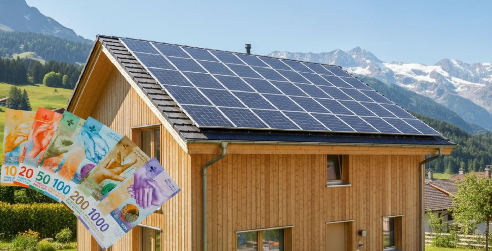 Bild von einem Einfamilienhaus mit sechs Schweizer Banknoten unten links in der Ecke.